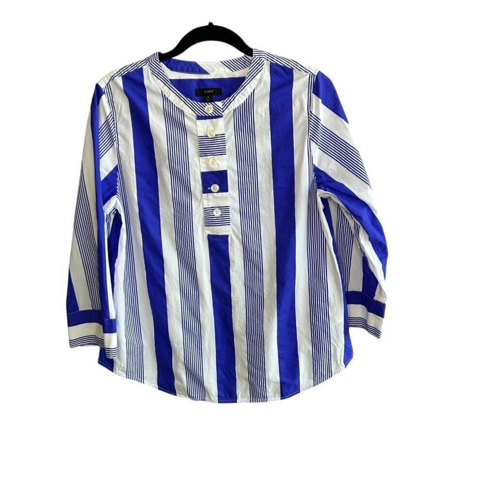 J. Crew Blue and White Striped Nautical Poplin Popover Casual Top Size Small